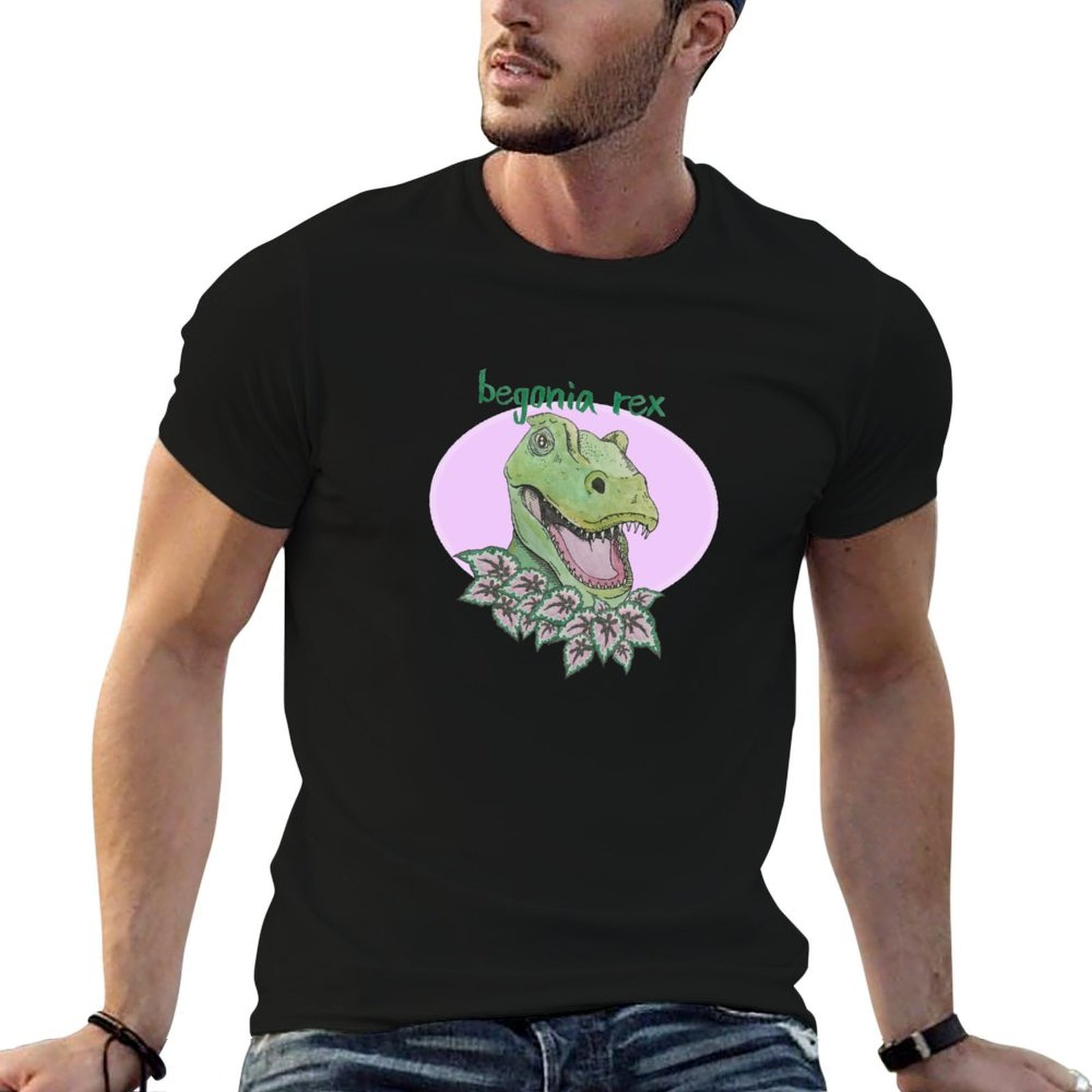 Begonia Rex - เสื้อยืดลายทีเร็กซ์เบโกเนีย (สีชมพู) เสื้อยืดสั่งทำพิเศษ เสื้อผ้าวันวาเลนไทน์ เสื้อผู้ชาย ลายกราฟิก