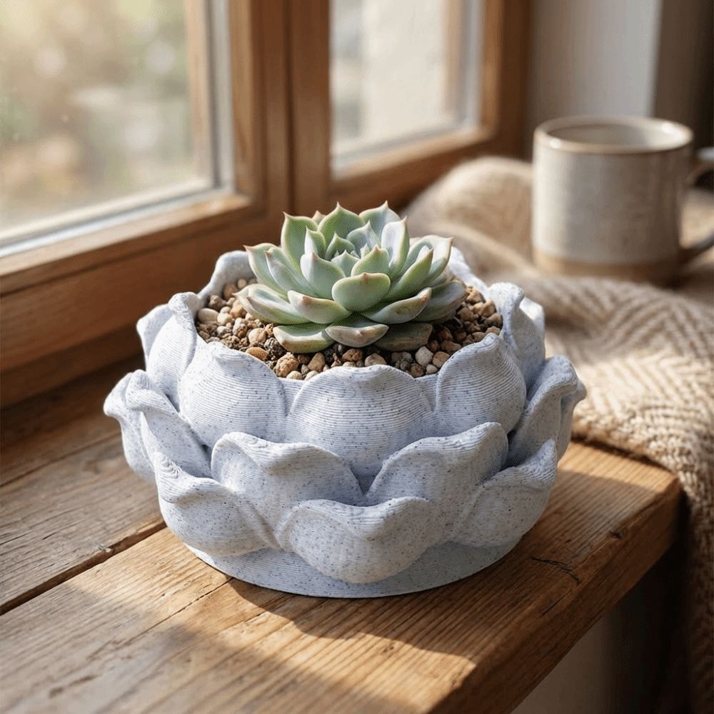 Echeveria Succulent - กระถางต้นไม้รูปดอกบัว พลาสติกพิมพ์ 3 มิติ พร้อมรูระบายน้ำ กระถางปลูกต้นไม้